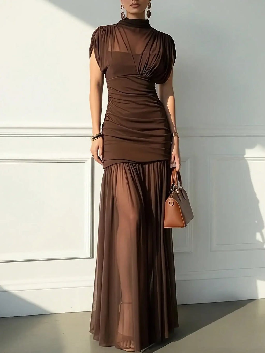 Solid Color Elegant Sexy Party Mesh Ruffle Splice Pleated Hem Dress, Suitable For Beach, Evening Date, Wedding, Birthday Party, Spring/Summer