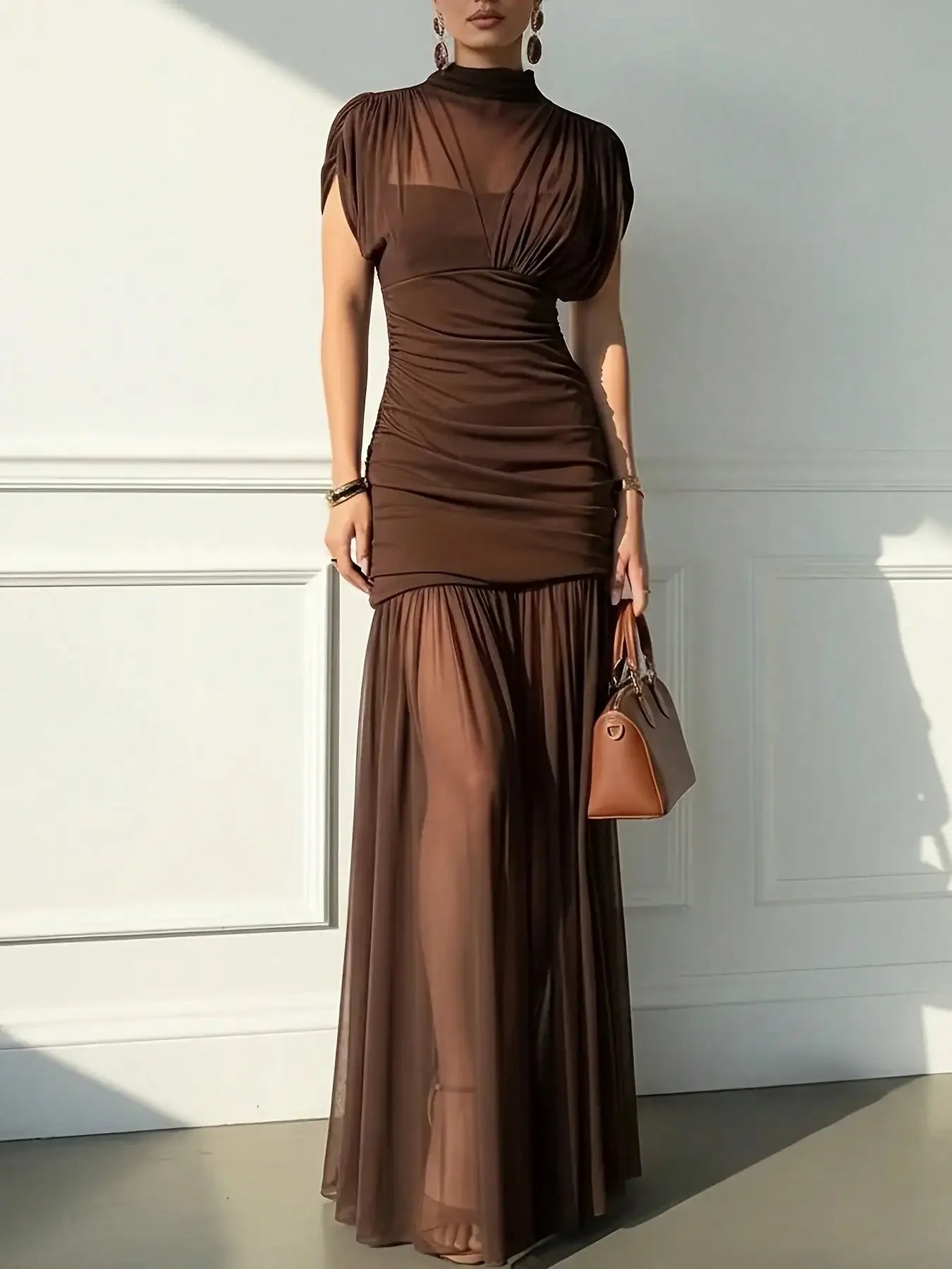 Solid Color Elegant Sexy Party Mesh Ruffle Splice Pleated Hem Dress, Suitable For Beach, Evening Date, Wedding, Birthday Party, Spring/Summer