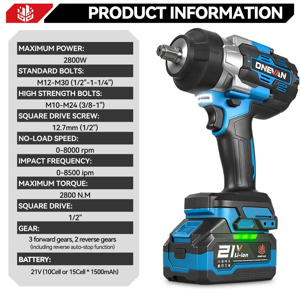 ONEVAN 2800N.M High Torque Brushless Electric Wrench Cordless 1/2 Inch Screwdriver Impact Drill Tool For Makita 18V Battery Pin
