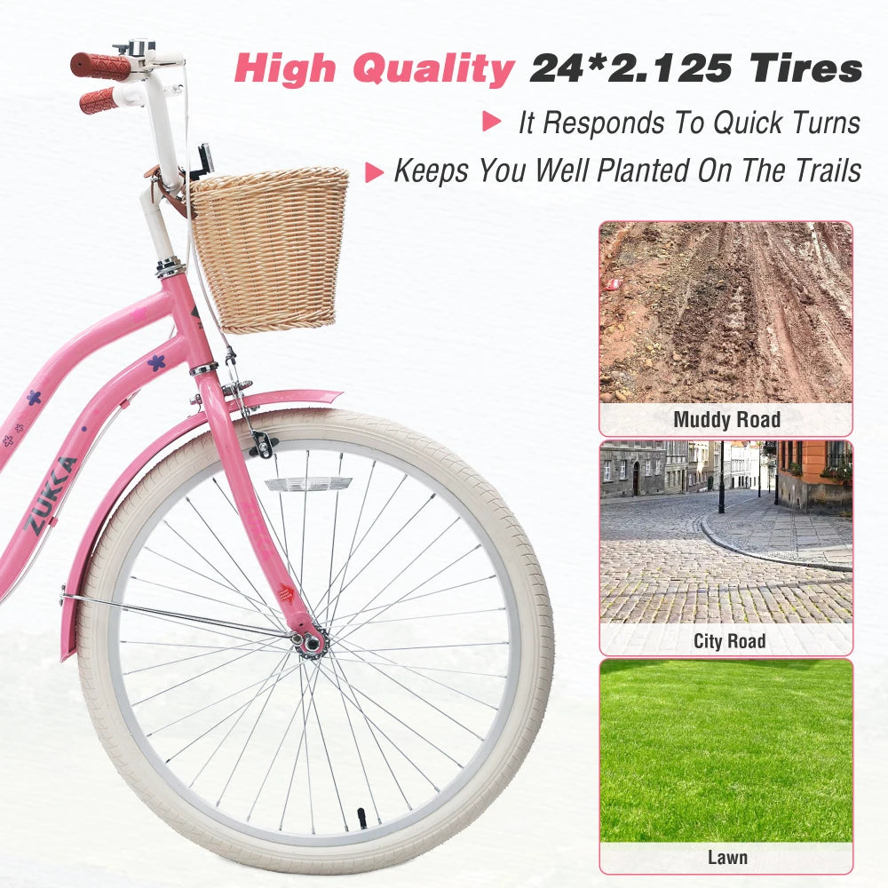24 inch teenage adult female outdoor cycling, single speed commuter bike with wicker basket and rear rack