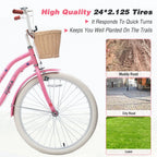 24 inch teenage adult female outdoor cycling, single speed commuter bike with wicker basket and rear rack
