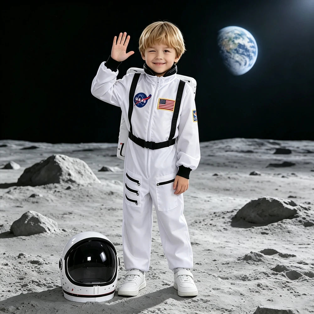 Kids White Astronaut Jumpsuit Space Flight Suit Boys Girls Cosplay Costume Halloween School Stage Role Play Spaceman Outfits