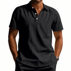 Men White Textured Linen Short Sleeve Polo Shirt Classic Lapel Collar 3 Wooden Buttons Loose Oversized Breathable Summer Beach Vacation Casual Holiday Top