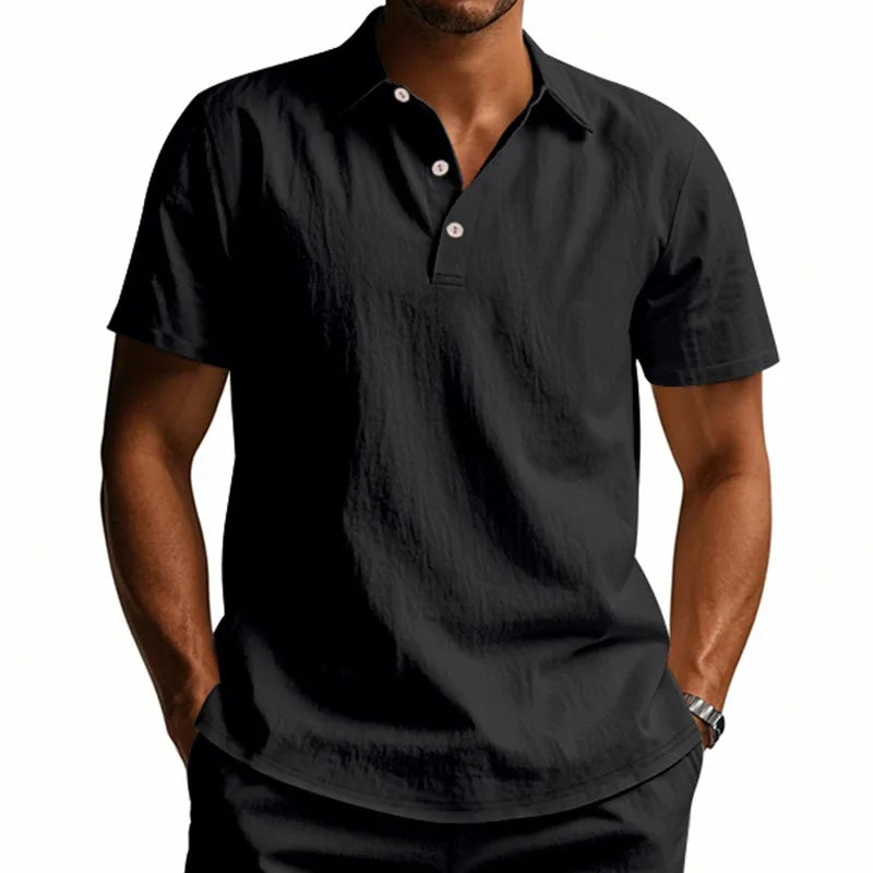 Men White Textured Linen Short Sleeve Polo Shirt Classic Lapel Collar 3 Wooden Buttons Loose Oversized Breathable Summer Beach Vacation Casual Holiday Top