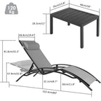 Garden Sun Loungers, Set of 2 with Side Table and Cushions, Aluminum,Weather Resistant,5-Way Adjustable Backrest,for Garden,Pool
