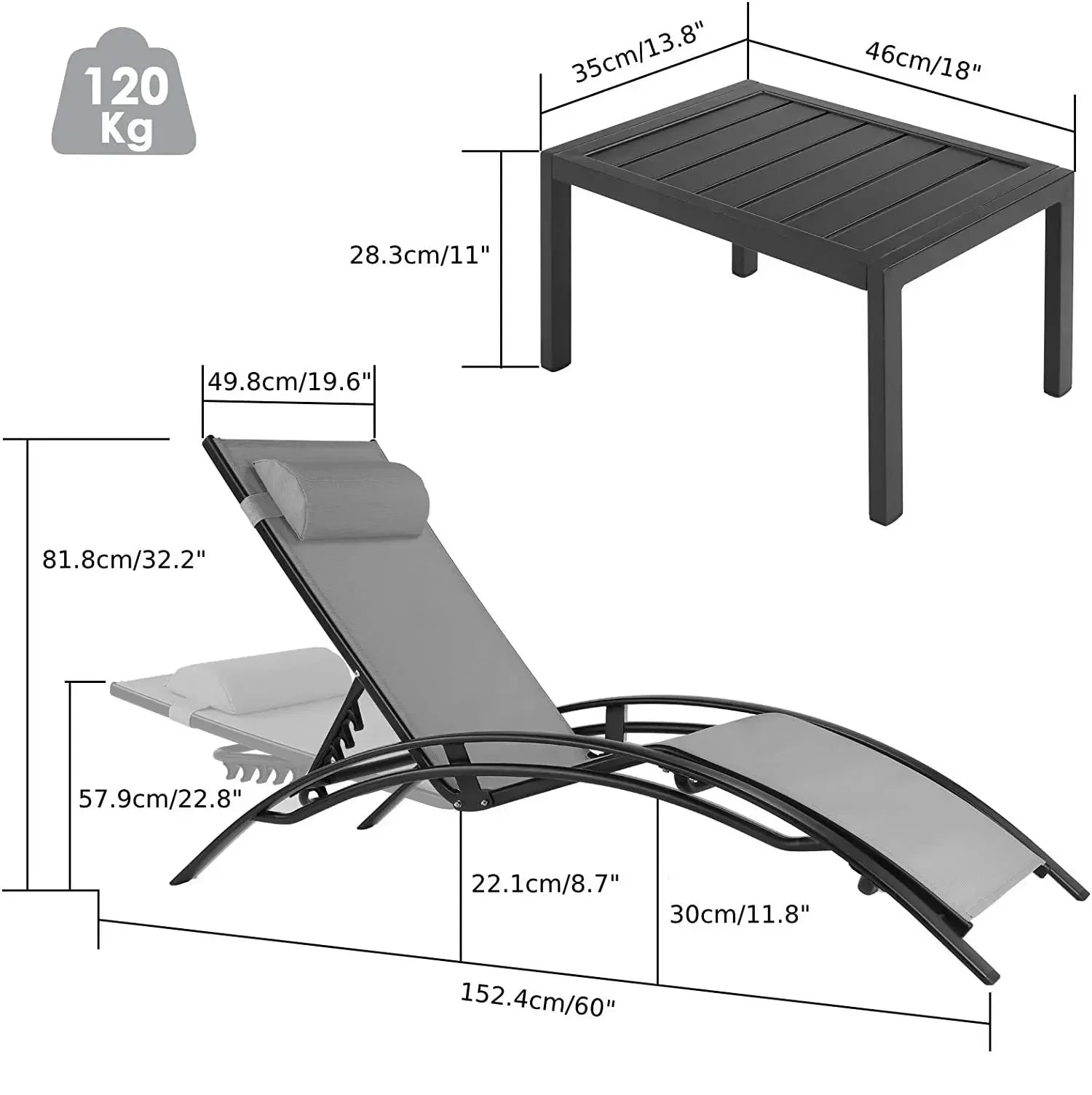 Garden Sun Loungers, Set of 2 with Side Table and Cushions, Aluminum,Weather Resistant,5-Way Adjustable Backrest,for Garden,Pool