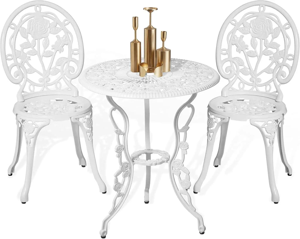 Outdoor Patio Bistro Set 3 Piece Cast Aluminum Rose Pattern Table And Chairs Durable All Weather Rust Resistant Garden Balcony Deck Furniture Rose White