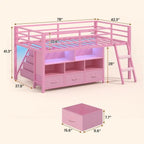Twin Size Low Loft Bed with 3 Drawers, 3-Tier Bookshelf, 5 Storage Cubbies, 2 LED Lights, Metal Frame with Safety Rail, Inclined