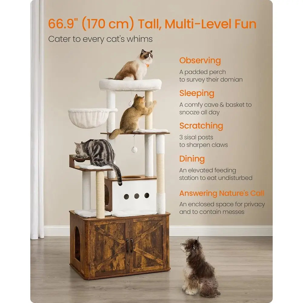 66.9-Inch Large Cat Tower with Litter Box Enclosure, Condo, Food Station, Storage, Scratching Posts, Cave, Hammock, Washable Cus