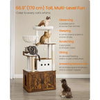66.9-Inch Large Cat Tower with Litter Box Enclosure, Condo, Food Station, Storage, Scratching Posts, Cave, Hammock, Washable Cus