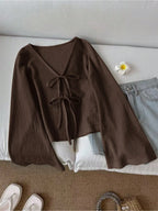 New loose and slimming versatile V-neck flared sleeves with lazy style and thin lace up cardigan jacket