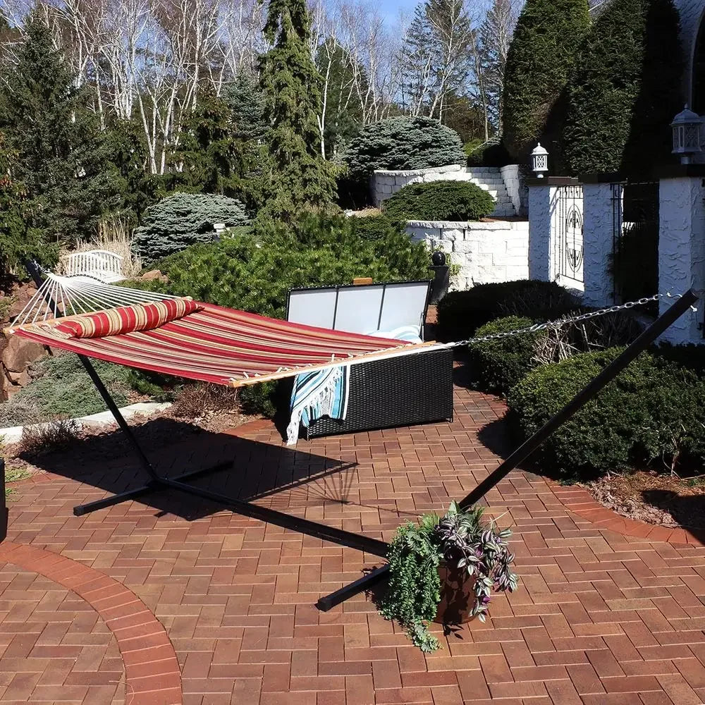 Double Hammock with Stand - 400 lbs Capacity for 2, 15-Foot Stand, Red Stripe Pattern