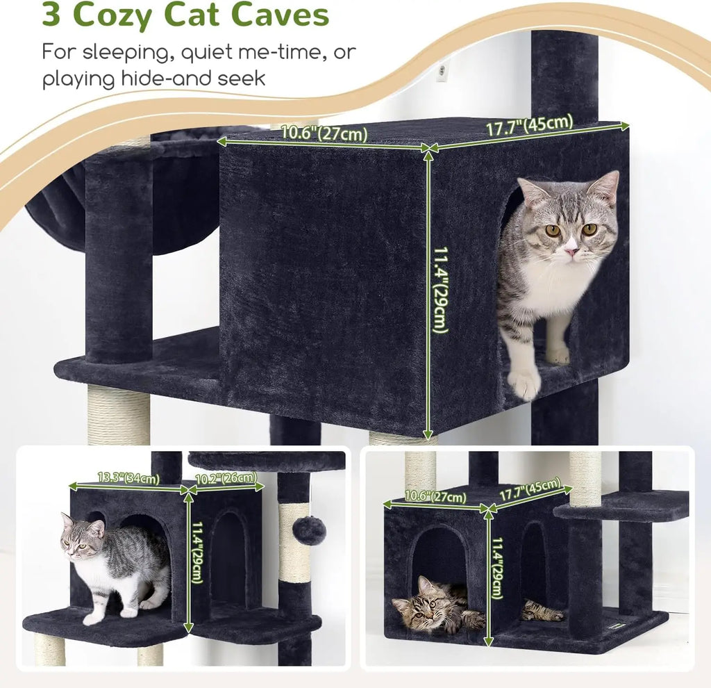 Indoor Use, Multi-Level Cat Tree in Dark Gray, with 3 Condos, Scratching Posts and Soft Extra Large Hanging Basket