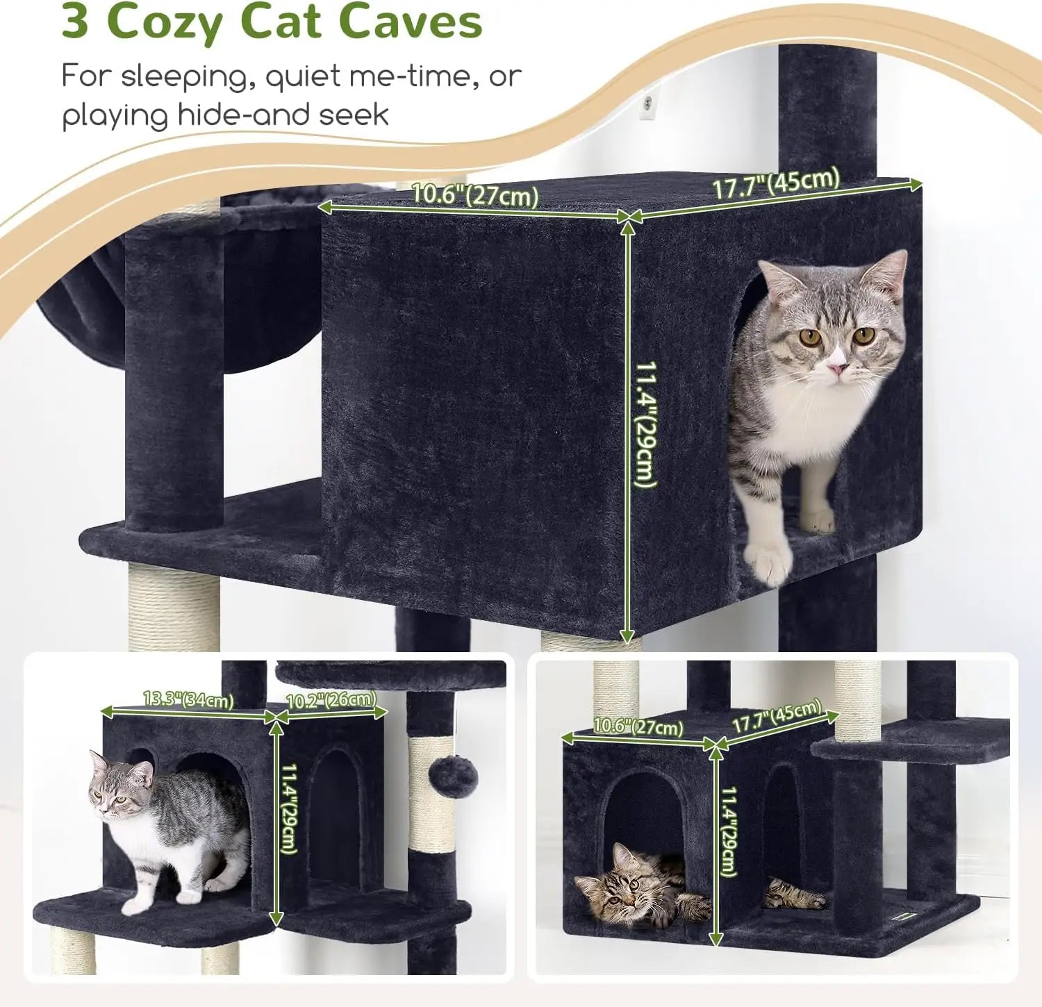 Indoor Use, Multi-Level Cat Tree in Dark Gray, with 3 Condos, Scratching Posts and Soft Extra Large Hanging Basket