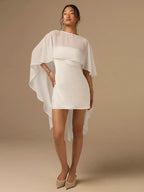 White Satin Mini Dress With Flowing Cape Shawl, Bias Cut Solid Cocktail Outfit For Wedding Party Event Vacation