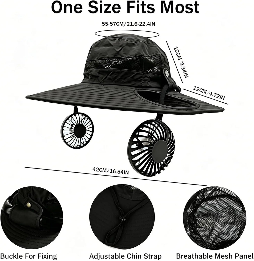 Unisex Rechargeable Hands Free Fan Bucket Hat UPF 50+ Waterproof Breathable Wide Brim Sun Hat Long Lasting Battery For Fishing Beach Gardening Safari