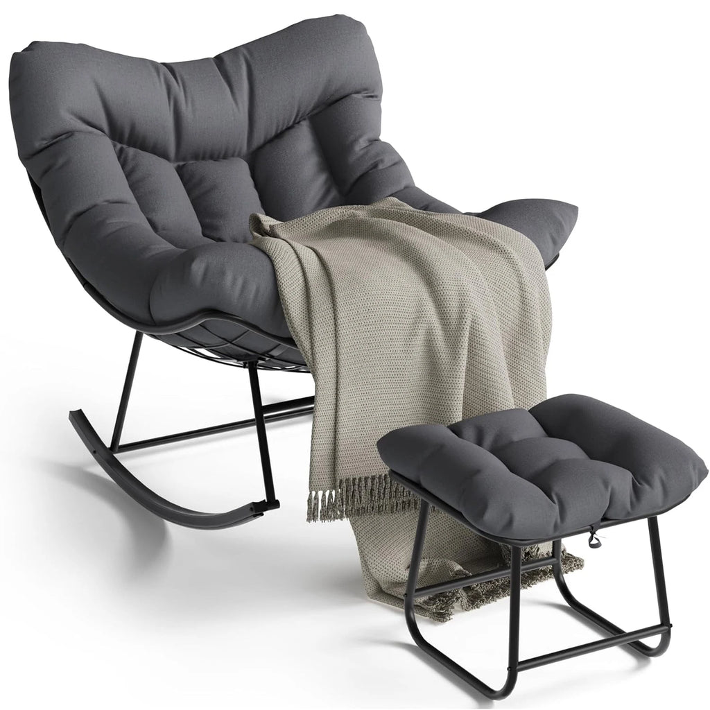 Oversized Papasan Rocking Chair With Footrest, Indoor Outdoor Egg Lounge Rocker, 350LBS Metal Frame For Patio Porch Living Room