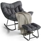 Oversized Papasan Rocking Chair With Footrest, Indoor Outdoor Egg Lounge Rocker, 350LBS Metal Frame For Patio Porch Living Room