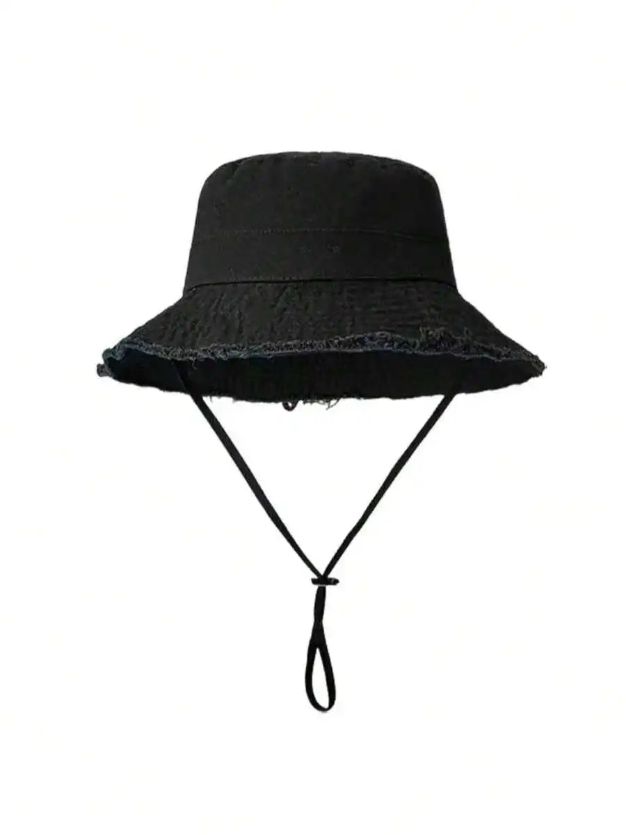 1pc/Set Women's Drawstring Bucket Hat, Adjustable Chin Strap Design, Distressed Effect, Soft Fabric, Sun Protection, Windproof,