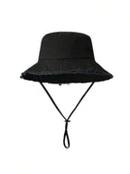 1pc/Set Women's Drawstring Bucket Hat, Adjustable Chin Strap Design, Distressed Effect, Soft Fabric, Sun Protection, Windproof,