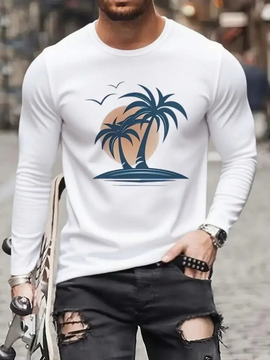 Mens Pure Cotton Long Sleeve Crew Neck T-Shirt Solid White Casual Top