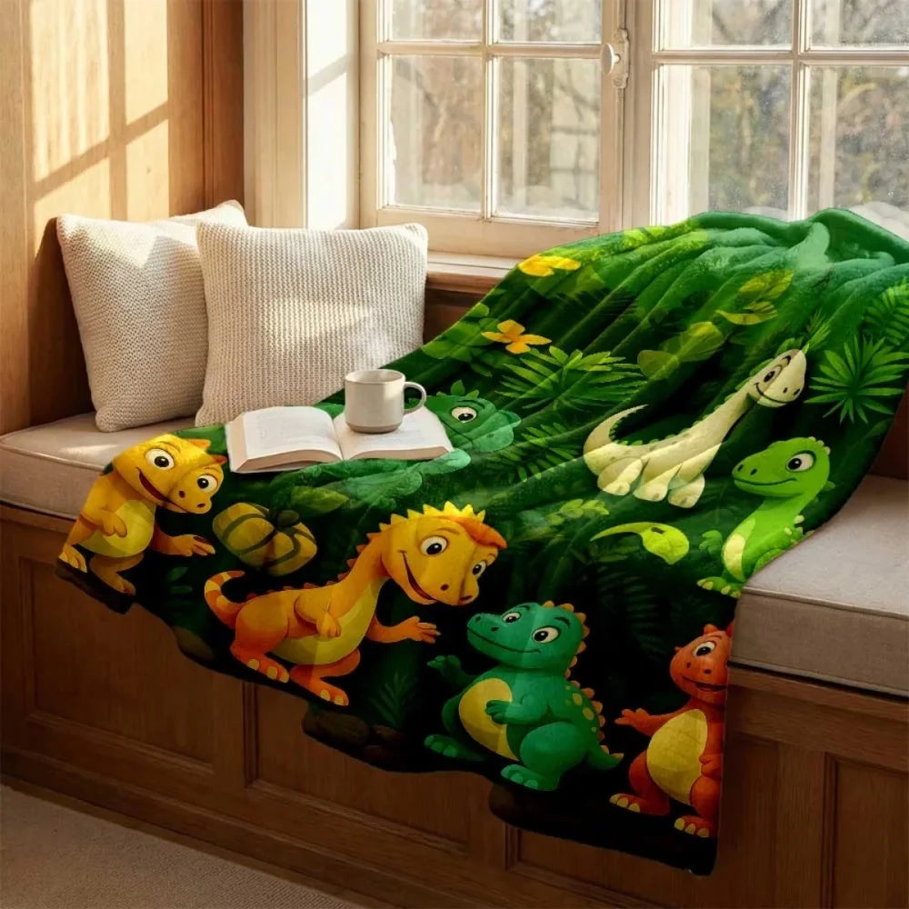 Cute Cartoon Jungle Baby Dinosaur Flannel Blanket Soft Warm Fleece Throw Blanket Lightweight Bed Decor Gift