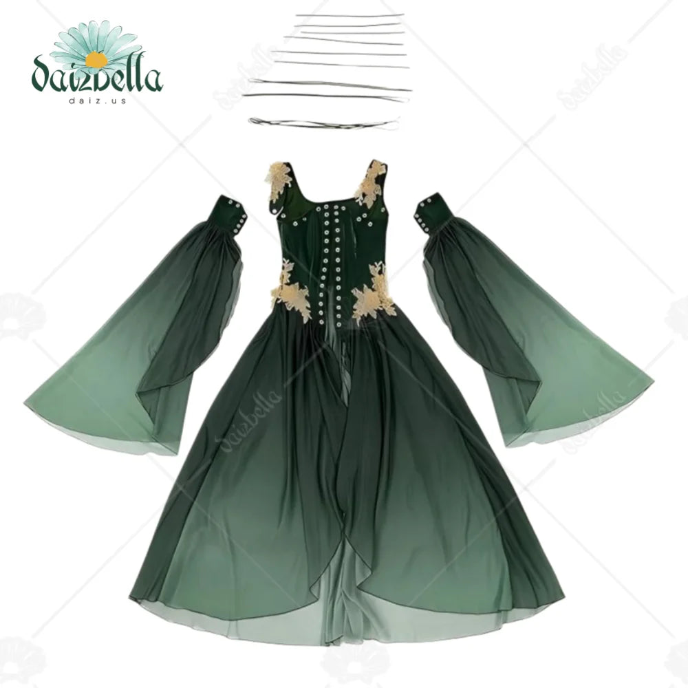 US Stock DAIZBELLA Women's Medieval Renaissance Costume Elf Style Only Green Dress with Sleeves for Halloween Cosplay Costume
