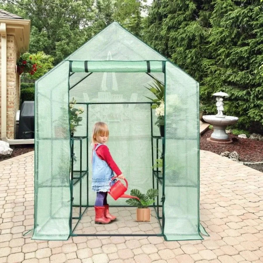 Outdoor gardening plant greenhouse with 8 shelves, durable polycarbonate material, green color, UV-resistant and ventilated des