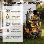 Squirrel Outdoor Water Fountain with Lights Waterfall Garden Decor Resin Tree Stump Pouring Jug for Patio Yard Porch