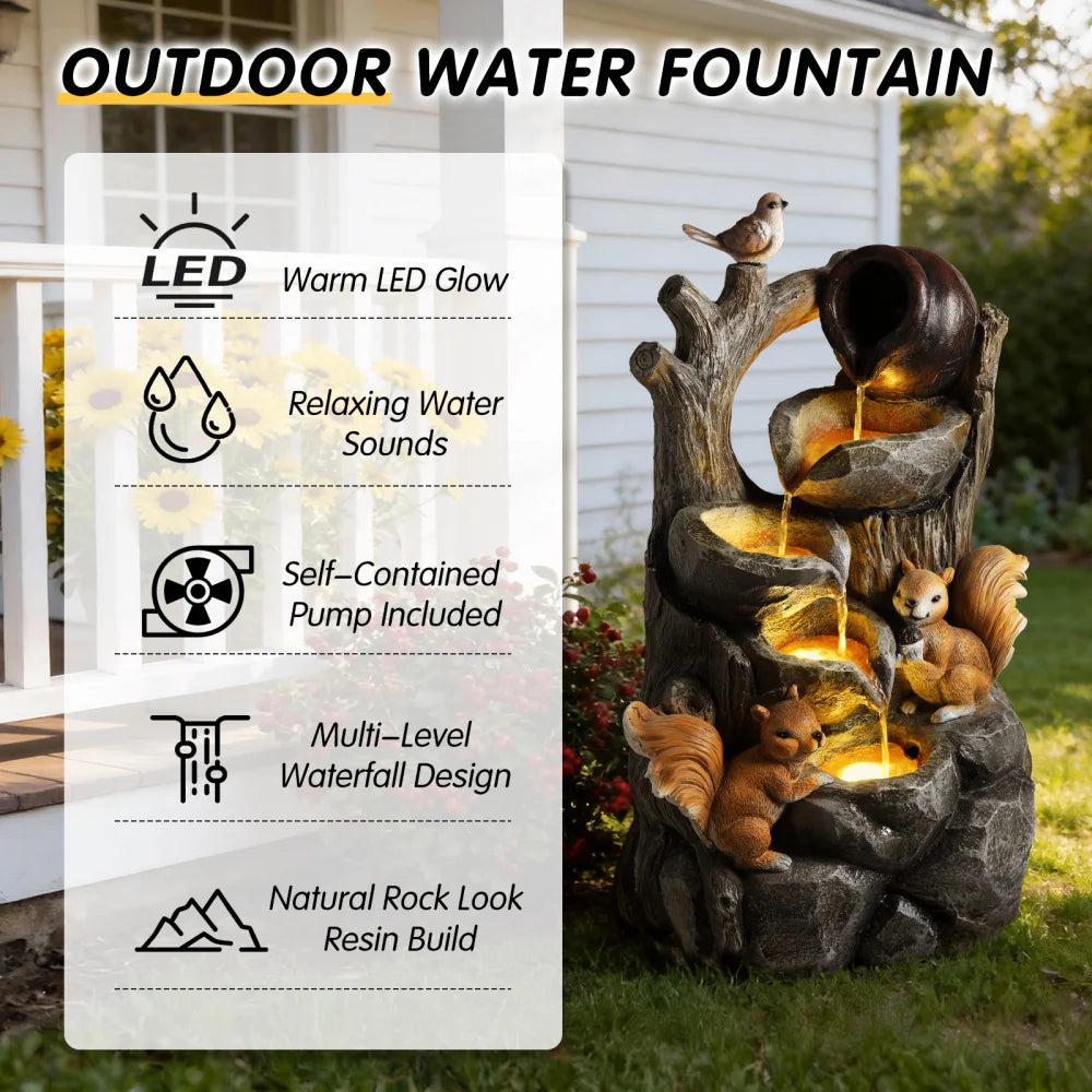 Squirrel Outdoor Water Fountain with Lights Waterfall Garden Decor Resin Tree Stump Pouring Jug for Patio Yard Porch