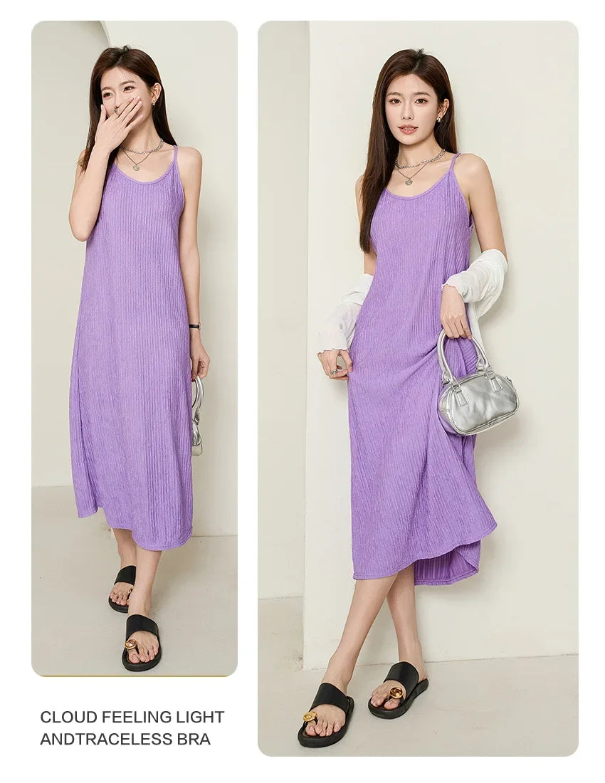 Original Black White Chiba Pleated Suspender Slimming Dress Women Casual Loose Drooping All-Match Dress