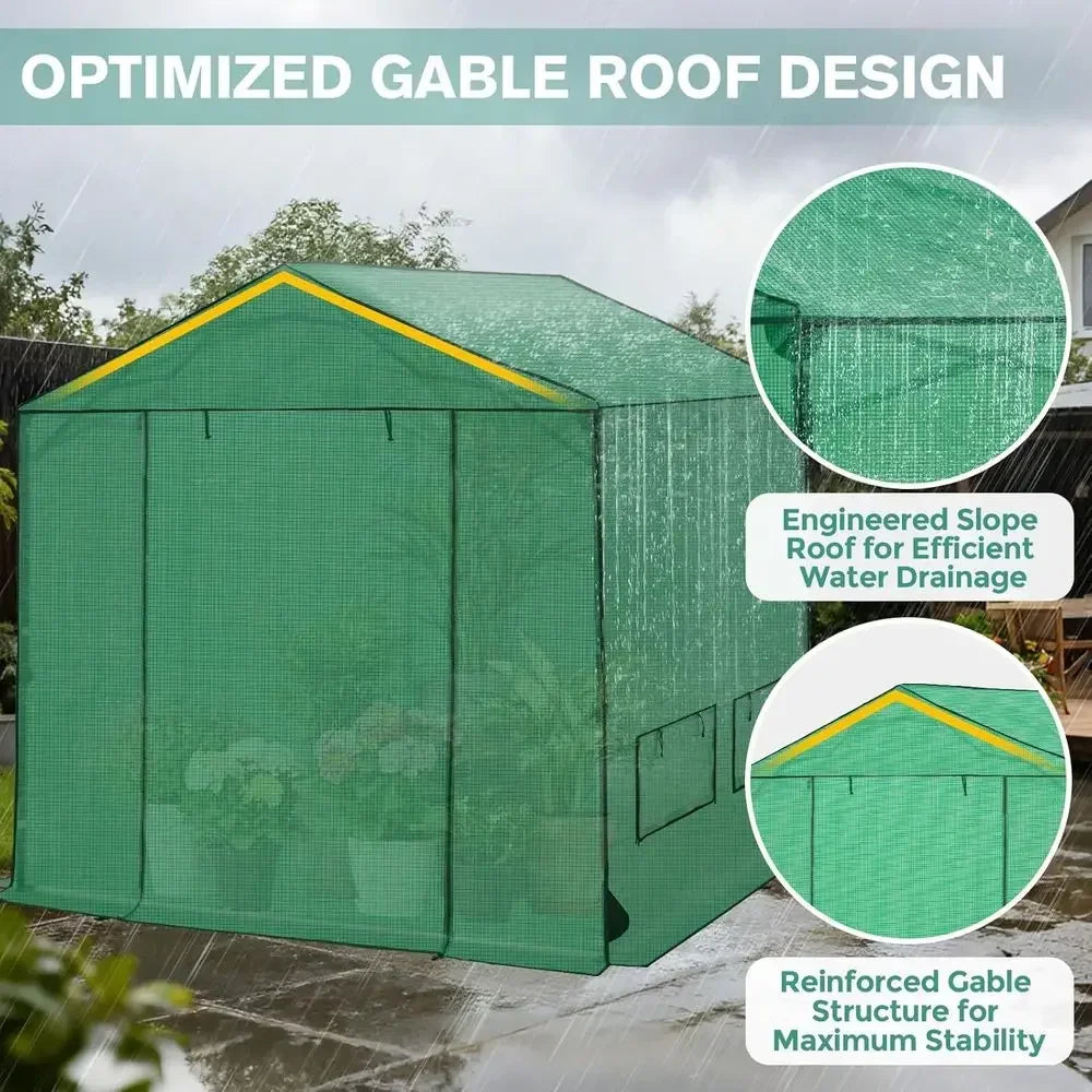 8x8 Walk-In Outdoor Garden Greenhouse with Automatic Ventilation, Zippered Doors & Windows, Green PE Cover