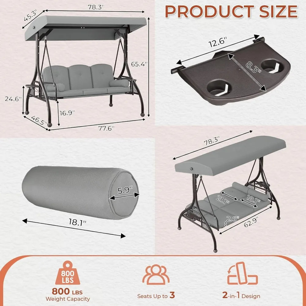 Adjustable Canopy Porch Swing, 800 lbs Capacity, 3-Seat with Cup Holder and Cushions, Ideal for Yard or Garden, Grey