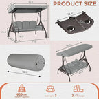 Adjustable Canopy Porch Swing, 800 lbs Capacity, 3-Seat with Cup Holder and Cushions, Ideal for Yard or Garden, Grey