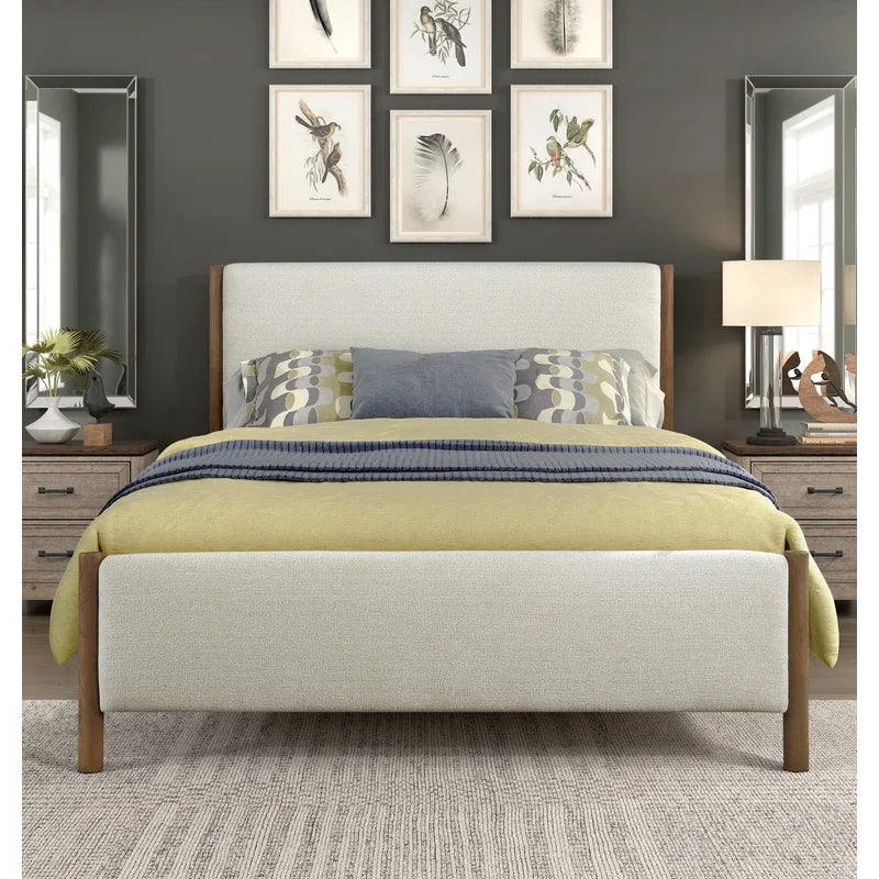 Queen Platform Bed, Soft Beige Chenille Upholstered, Solid Wood Frame, Modern Contemporary Design