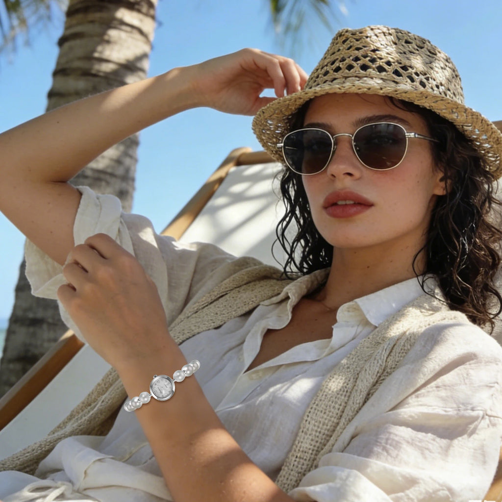 Women's faux pearl beaded bracelet watch, adjustable sliding clasp strap, quartz analog dial, faux diamond embellishments, Arabic numeral markers, stylish and exquisite, a perfect gift for girls and women