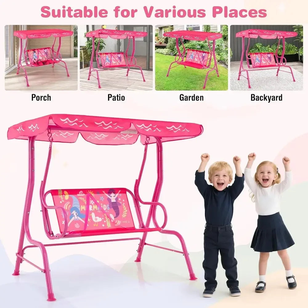 2-Seater Outdoor Swing Chair with Adjustable Safety Belt, Weather-Resistant for Porch, Garden, or Poolside (Pink Mermaid)