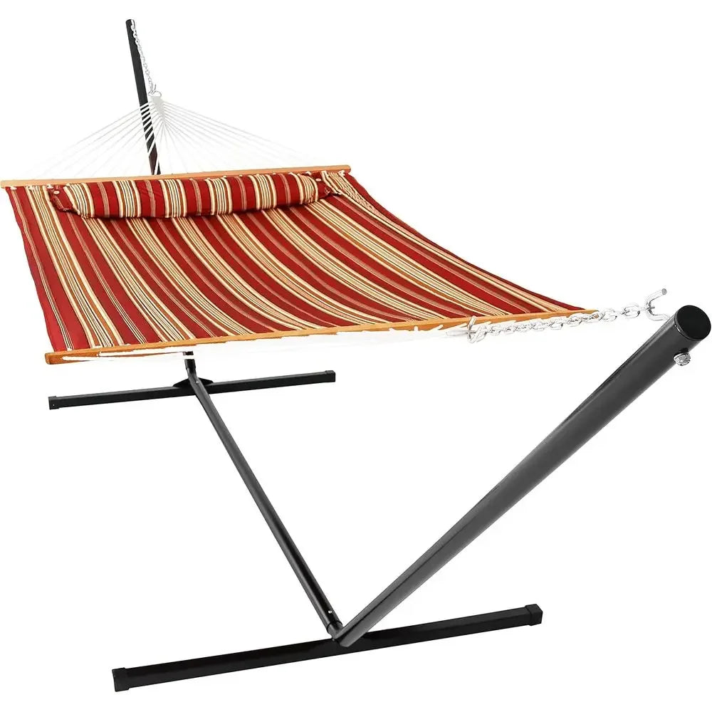 Double Hammock with Stand - 400 lbs Capacity for 2, 15-Foot Stand, Red Stripe Pattern