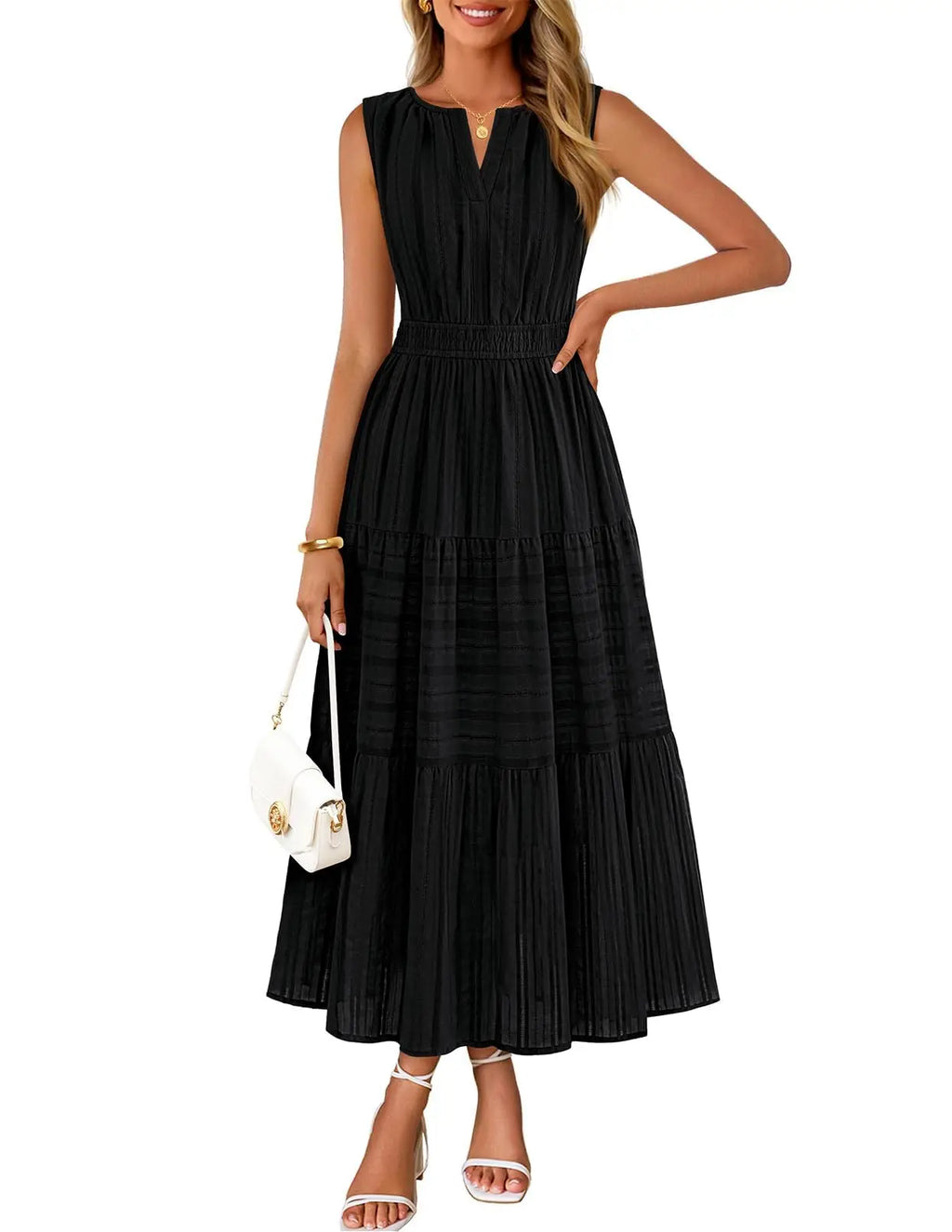 Womens Sleeveless V-Neck Boho Midi Maxi Dress With Pockets Casual Summer Beach Vacation Dress