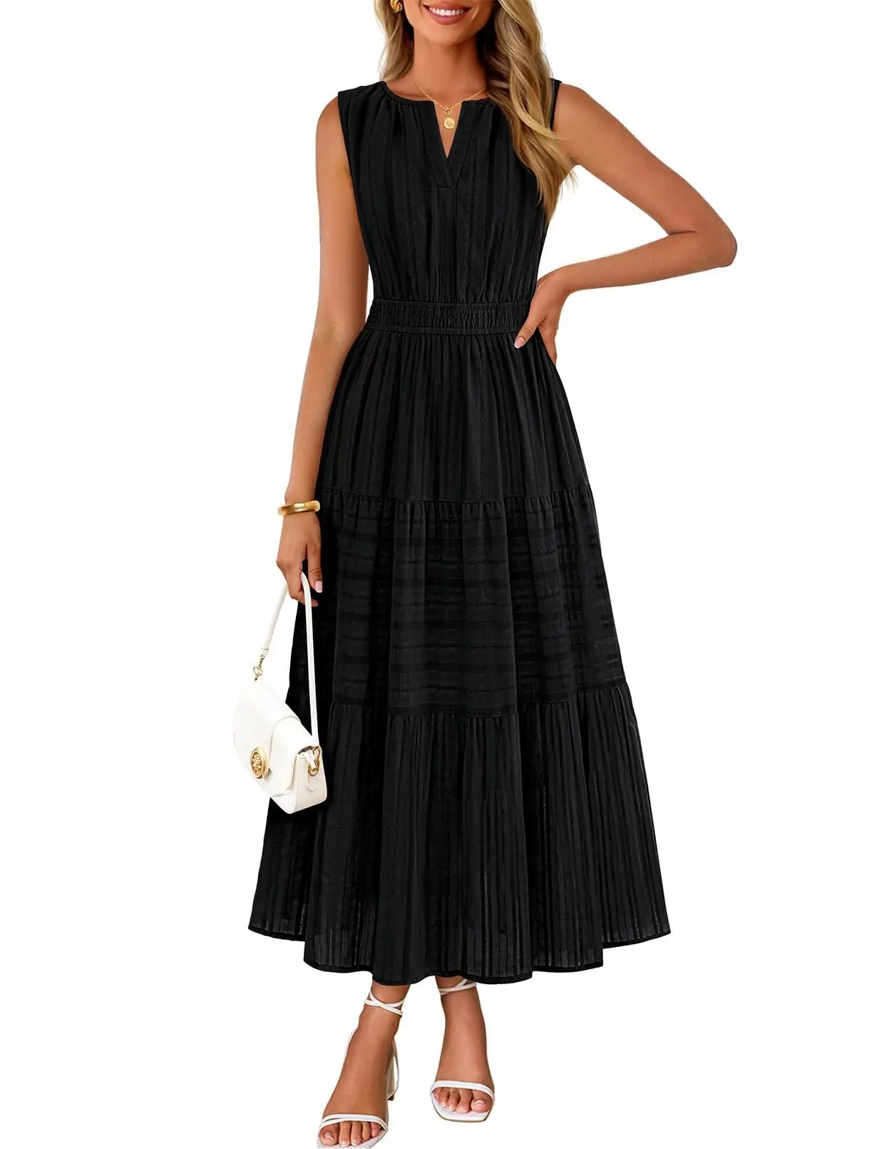 Womens Sleeveless V-Neck Boho Midi Maxi Dress With Pockets Casual Summer Beach Vacation Dress