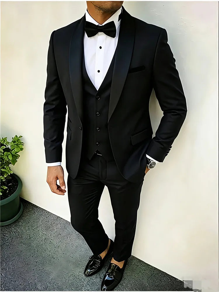 New Men's Crisp Collar Slim-fit Suit with Single Button 3pcs Suit Jacket, Dress, Business Formal Party Jacket, Vest And Trousers