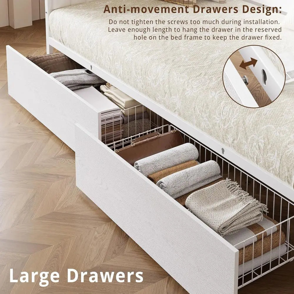 Twin Daybed with Storage, Metal Frame, X-Headboard, Charging Station, White/Walnut Upholstered