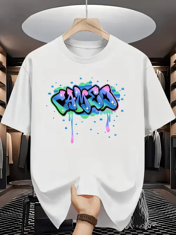 Oversized White Graffiti Print T-shirt Men Women Streetwear Summer Short Sleeve CAVE Graphic Tee Hip Hop Casual Cool Top