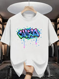 Oversized White Graffiti Print T-shirt Men Women Streetwear Summer Short Sleeve CAVE Graphic Tee Hip Hop Casual Cool Top