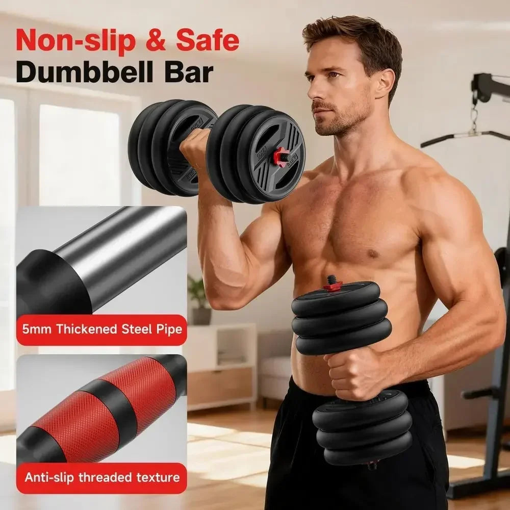 5-in-1 Adjustable Dumbbell Set: 20-90lbs with Double Locknut, Bar, Kettles, Push-up Stand, Plates for Home Gyms