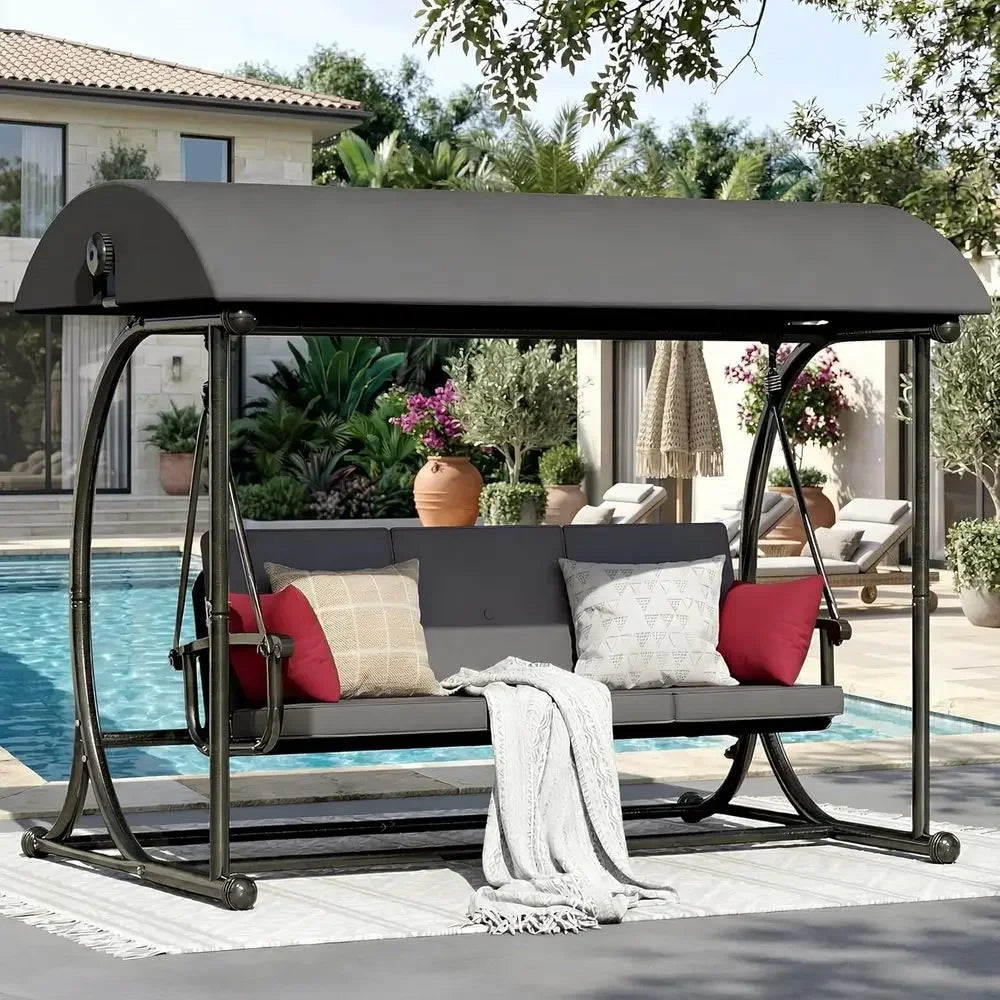 Adjustable 2-in-1 Porch Swing Bed with Cushion, Outdoor Swing Bench, Grey