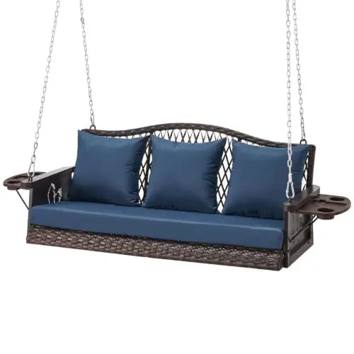 Upgraded Wicker Hanging Porch Swing Heavy Duty 900lbs 3-Seat Outdoor Patio Swing Chair Bench for Adult w/ 8.9ft Hanging