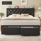 Queen Bed Frame with 2 Storage Drawers, Upholstered Headboard Button Tufted Bed Frame with Charging Station, No Box Spring Need