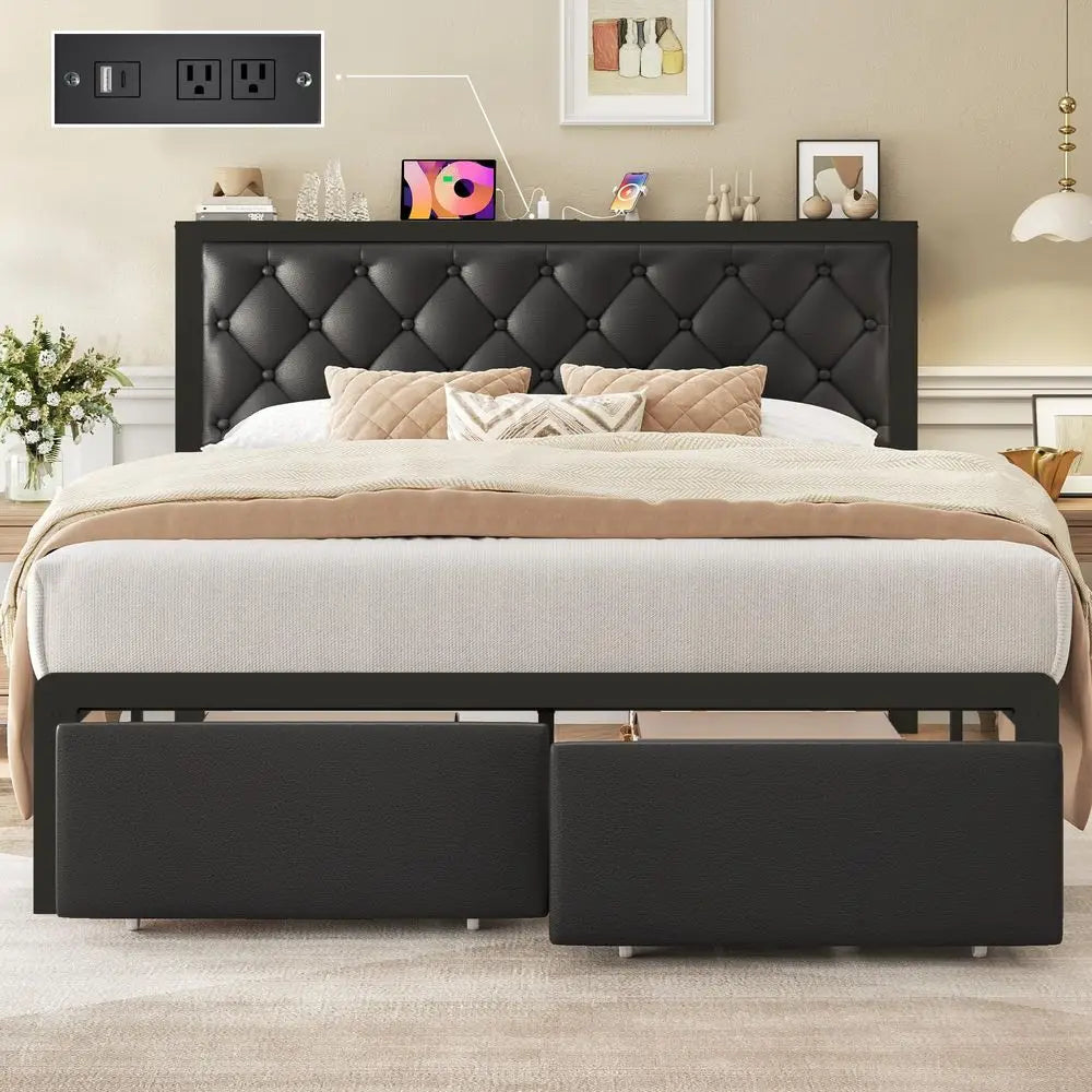 Queen Bed Frame with 2 Storage Drawers, Upholstered Headboard Button Tufted Bed Frame with Charging Station, No Box Spring Need