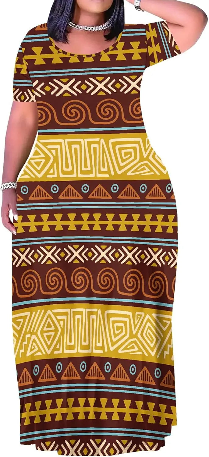 Plus Size Maxi Dress for Women Summer Casual Short Sleeve Tshirt Dresses with Pockets (XL-6XL)